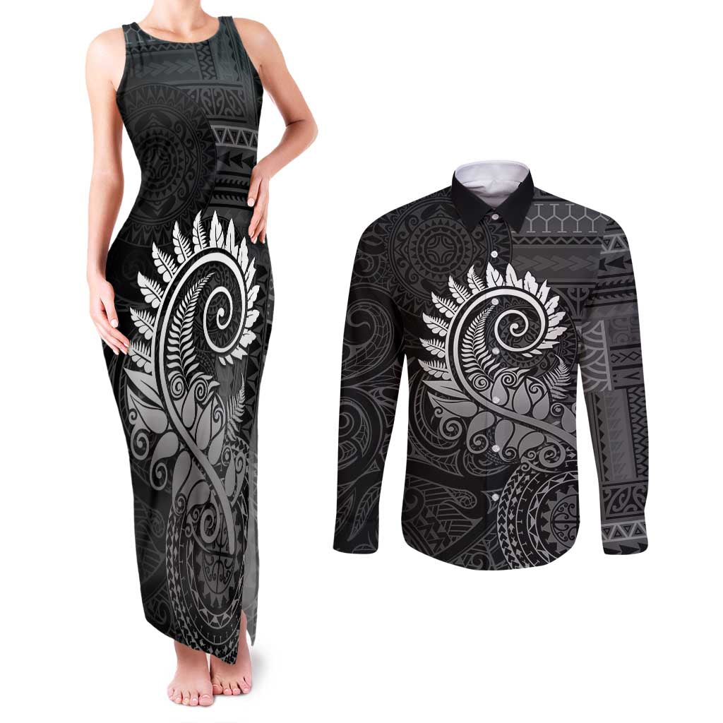 New Zealand Maori Koru Fern Couples Matching Tank Maxi Dress and Long Sleeve Button Shirt Spiral Polynesian Style Gray LT05 Gray - Polynesian Pride