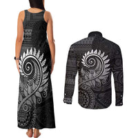 New Zealand Maori Koru Fern Couples Matching Tank Maxi Dress and Long Sleeve Button Shirt Spiral Polynesian Style Gray LT05 - Polynesian Pride