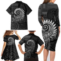 New Zealand Maori Koru Fern Family Matching Long Sleeve Bodycon Dress and Hawaiian Shirt Spiral Polynesian Style Gray LT05 - Polynesian Pride