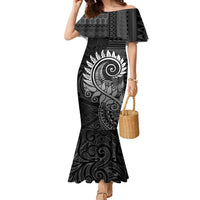 New Zealand Maori Koru Fern Family Matching Mermaid Dress and Hawaiian Shirt Spiral Polynesian Style Gray LT05 Mom's Dress Gray - Polynesian Pride