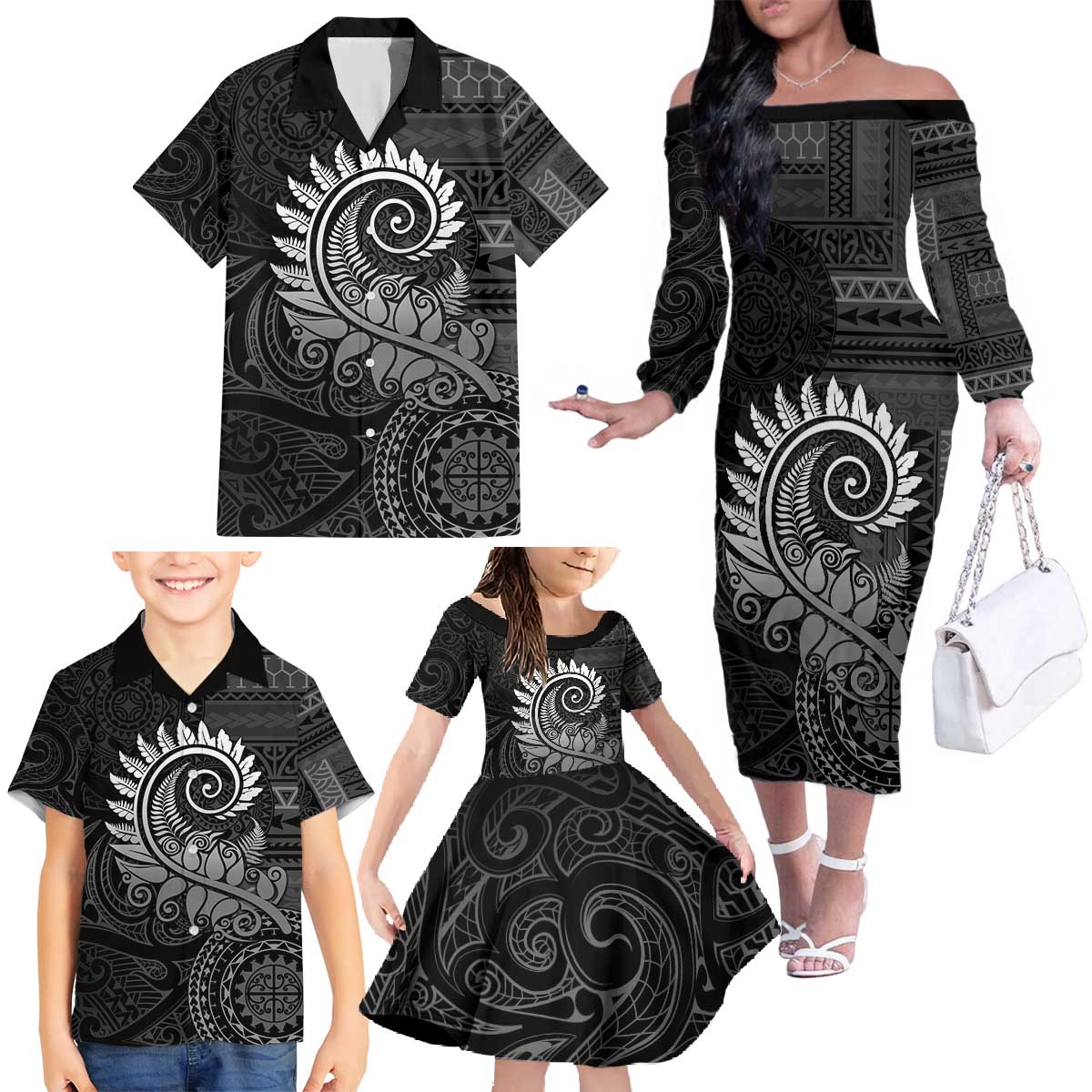 New Zealand Maori Koru Fern Family Matching Off The Shoulder Long Sleeve Dress and Hawaiian Shirt Spiral Polynesian Style Gray LT05 - Polynesian Pride