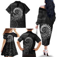 New Zealand Maori Koru Fern Family Matching Off The Shoulder Long Sleeve Dress and Hawaiian Shirt Spiral Polynesian Style Gray LT05 - Polynesian Pride