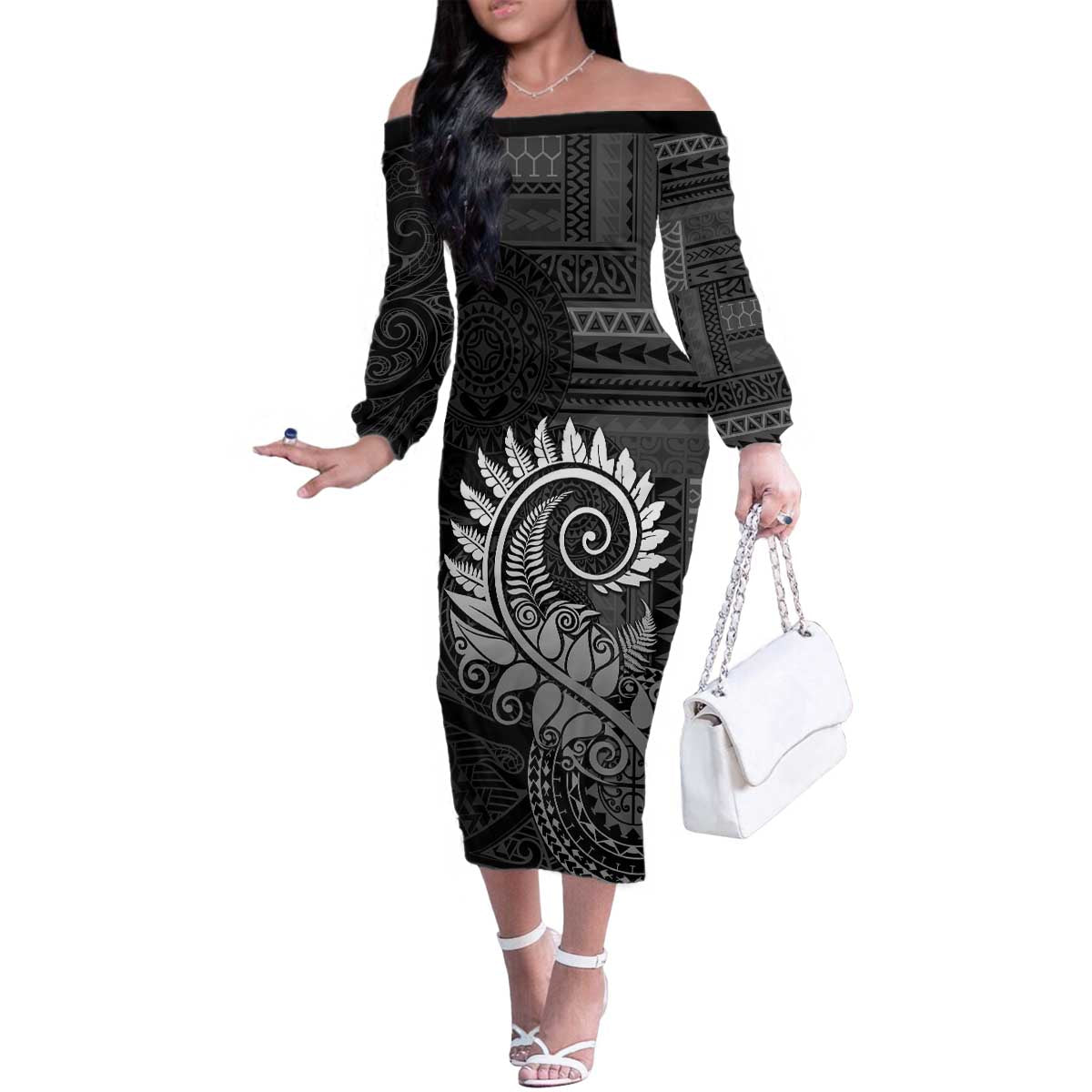New Zealand Maori Koru Fern Family Matching Off The Shoulder Long Sleeve Dress and Hawaiian Shirt Spiral Polynesian Style Gray LT05 Mom's Dress Gray - Polynesian Pride