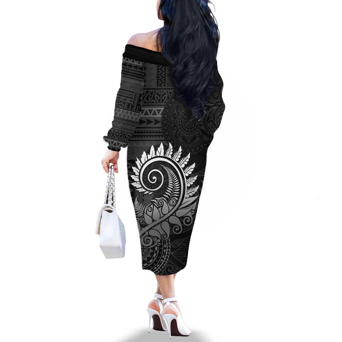 New Zealand Maori Koru Fern Family Matching Off The Shoulder Long Sleeve Dress and Hawaiian Shirt Spiral Polynesian Style Gray LT05 - Polynesian Pride