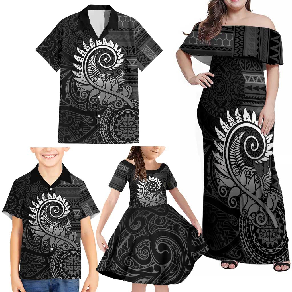 New Zealand Maori Koru Fern Family Matching Off Shoulder Maxi Dress and Hawaiian Shirt Spiral Polynesian Style Gray LT05 - Polynesian Pride