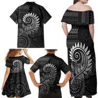 New Zealand Maori Koru Fern Family Matching Off Shoulder Maxi Dress and Hawaiian Shirt Spiral Polynesian Style Gray LT05 - Polynesian Pride