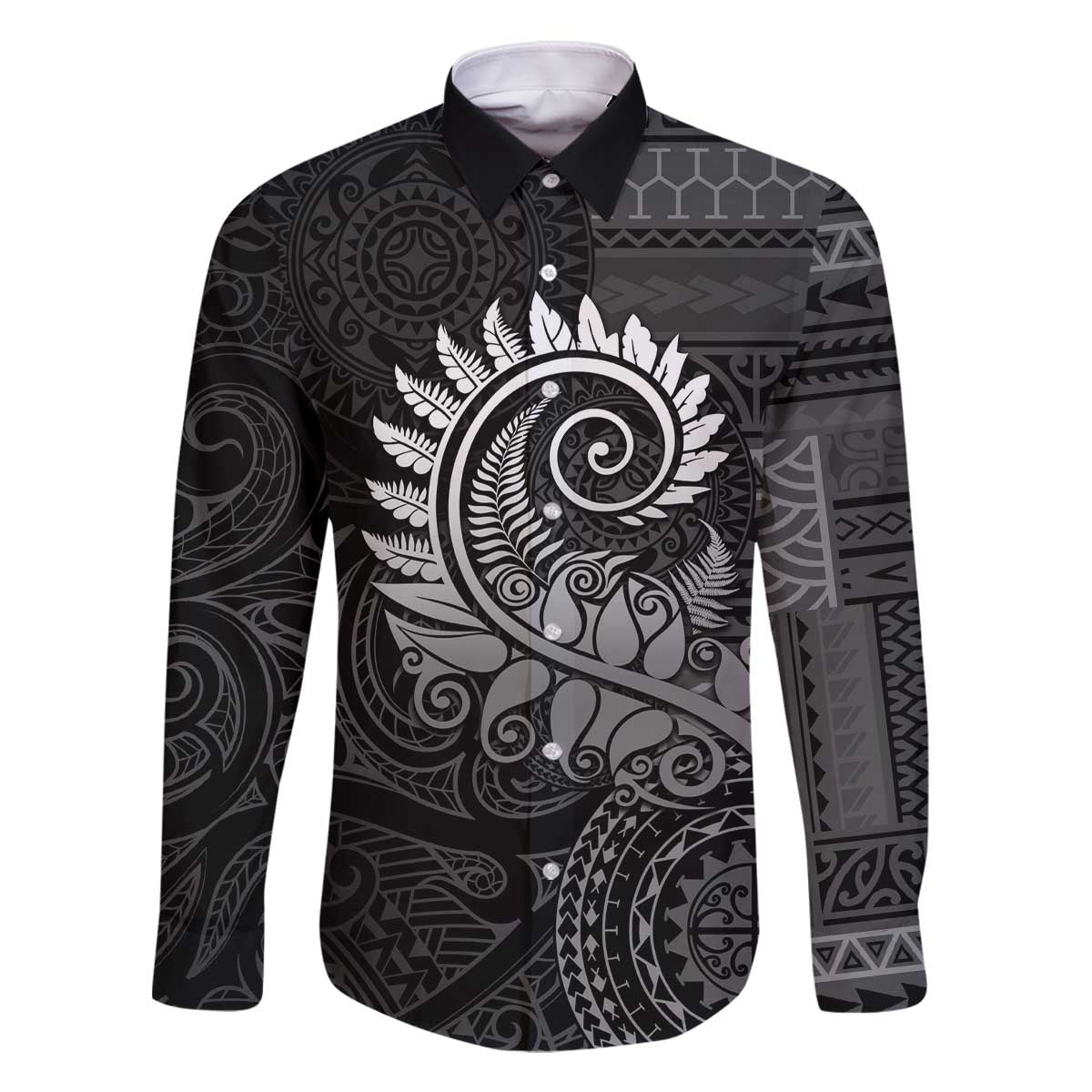 New Zealand Maori Koru Fern Family Matching Off Shoulder Short Dress and Hawaiian Shirt Spiral Polynesian Style Gray LT05 Dad's Shirt - Long Sleeve Gray - Polynesian Pride