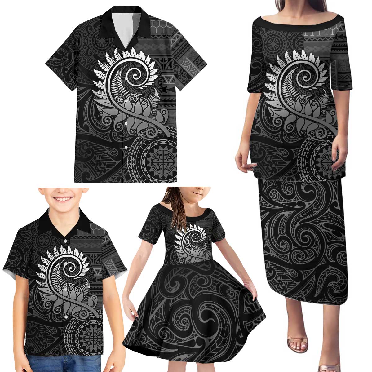 New Zealand Maori Koru Fern Family Matching Puletasi and Hawaiian Shirt Spiral Polynesian Style Gray LT05 - Polynesian Pride