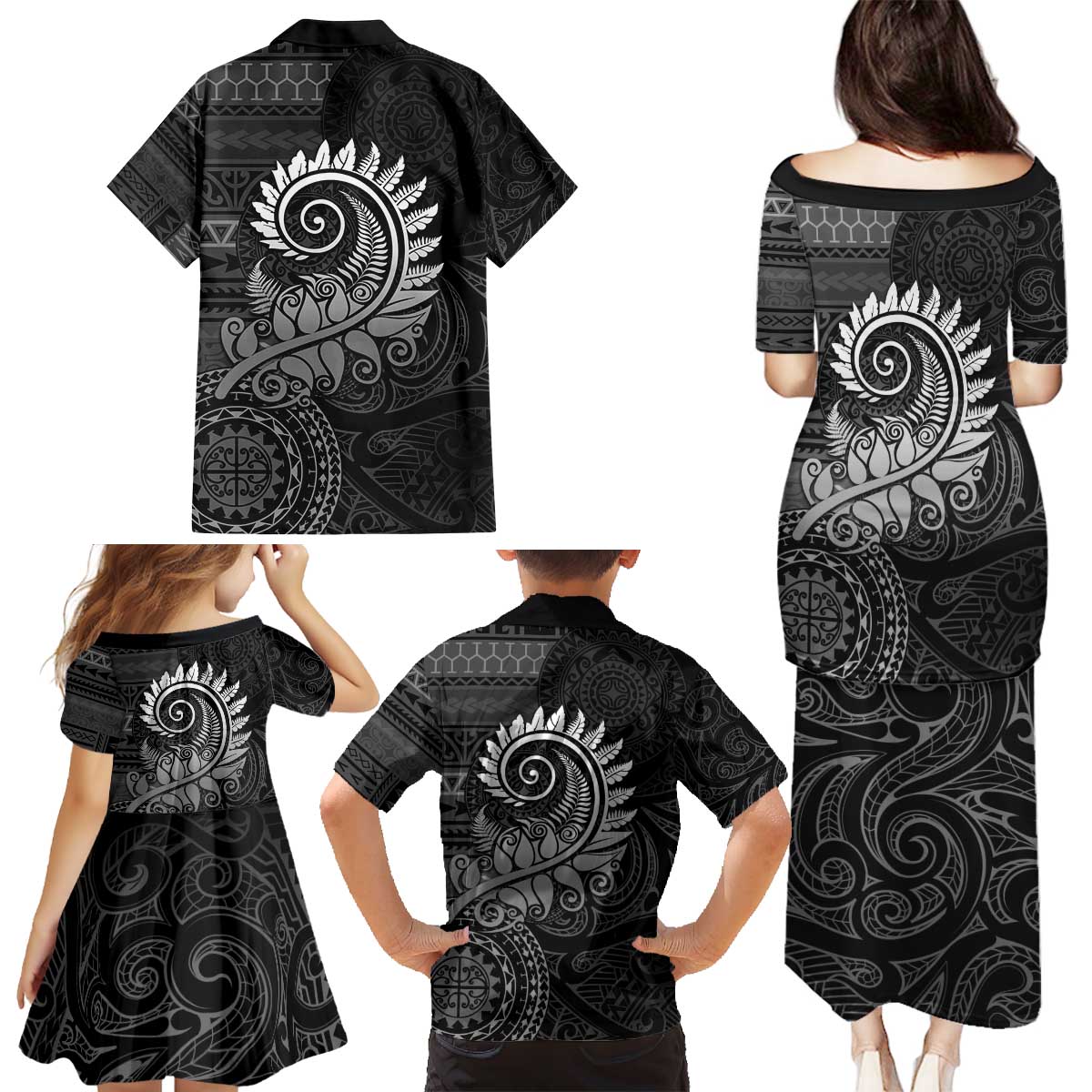 New Zealand Maori Koru Fern Family Matching Puletasi and Hawaiian Shirt Spiral Polynesian Style Gray LT05 - Polynesian Pride