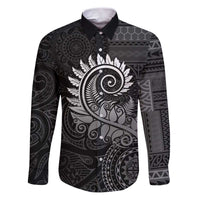 New Zealand Maori Koru Fern Family Matching Puletasi and Hawaiian Shirt Spiral Polynesian Style Gray LT05 Dad's Shirt - Long Sleeve Gray - Polynesian Pride