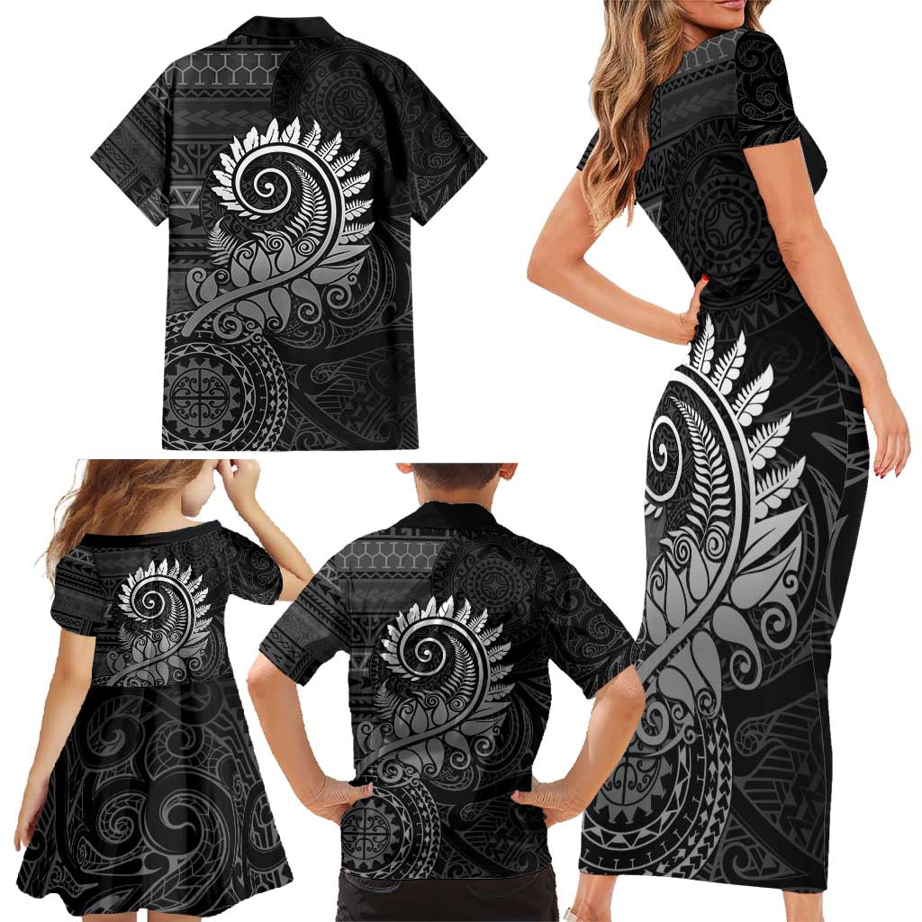 New Zealand Maori Koru Fern Family Matching Short Sleeve Bodycon Dress and Hawaiian Shirt Spiral Polynesian Style Gray LT05 - Polynesian Pride