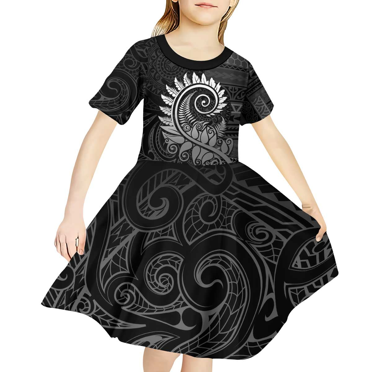 New Zealand Maori Koru Fern Kid Short Sleeve Dress Spiral Polynesian Style Gray LT05 - Polynesian Pride