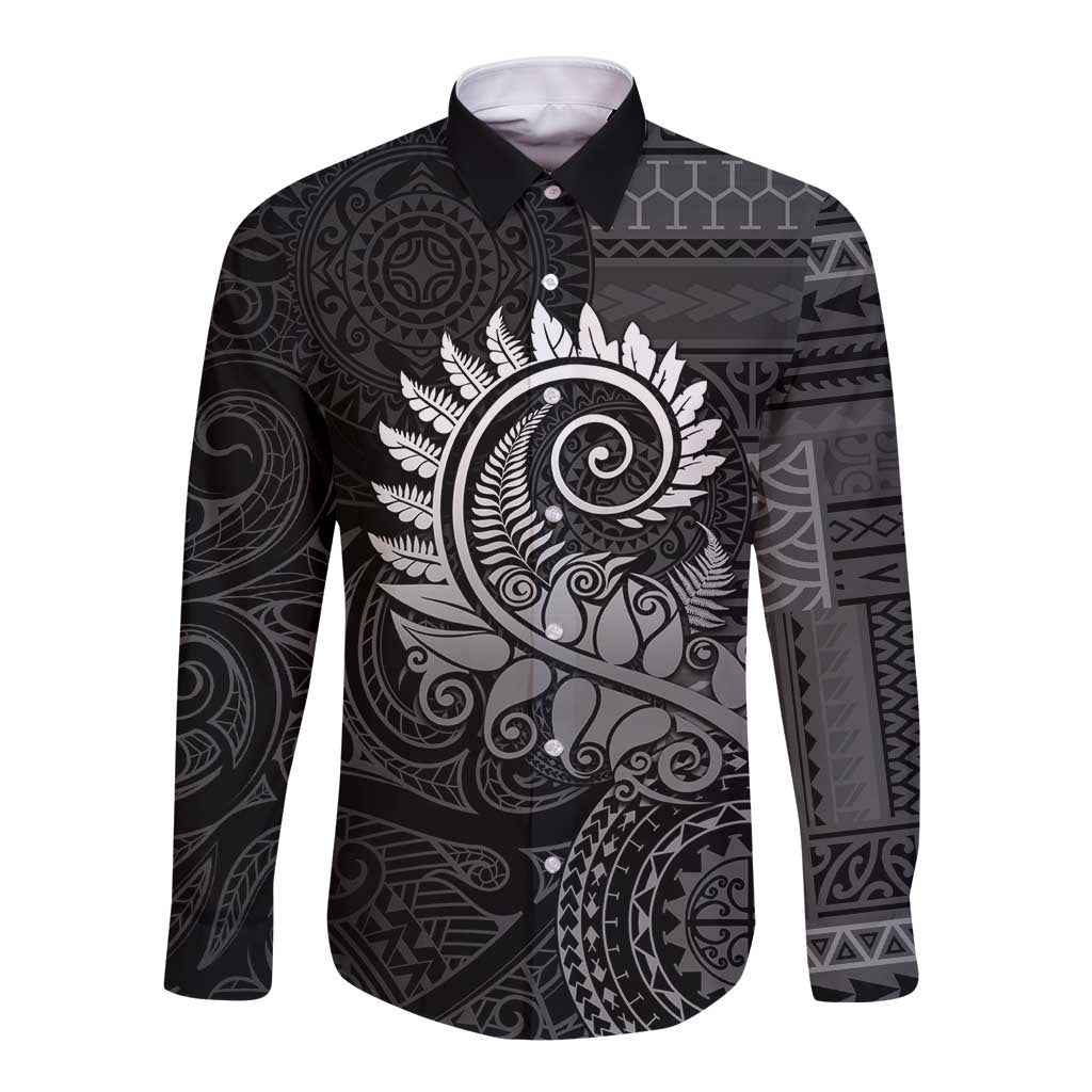 New Zealand Maori Koru Fern Long Sleeve Button Shirt Spiral Polynesian Style Gray LT05 Unisex Gray - Polynesian Pride