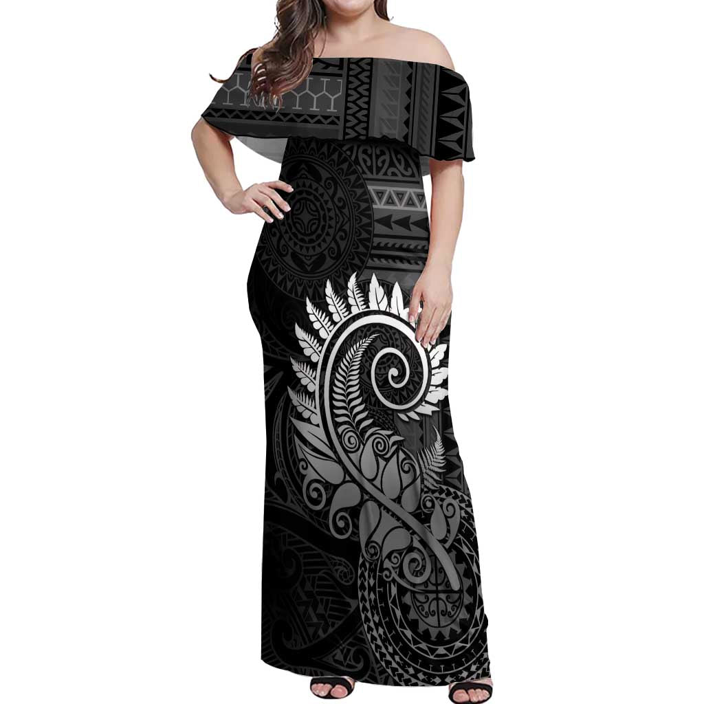 New Zealand Maori Koru Fern Off Shoulder Maxi Dress Spiral Polynesian Style Gray LT05 Women Gray - Polynesian Pride