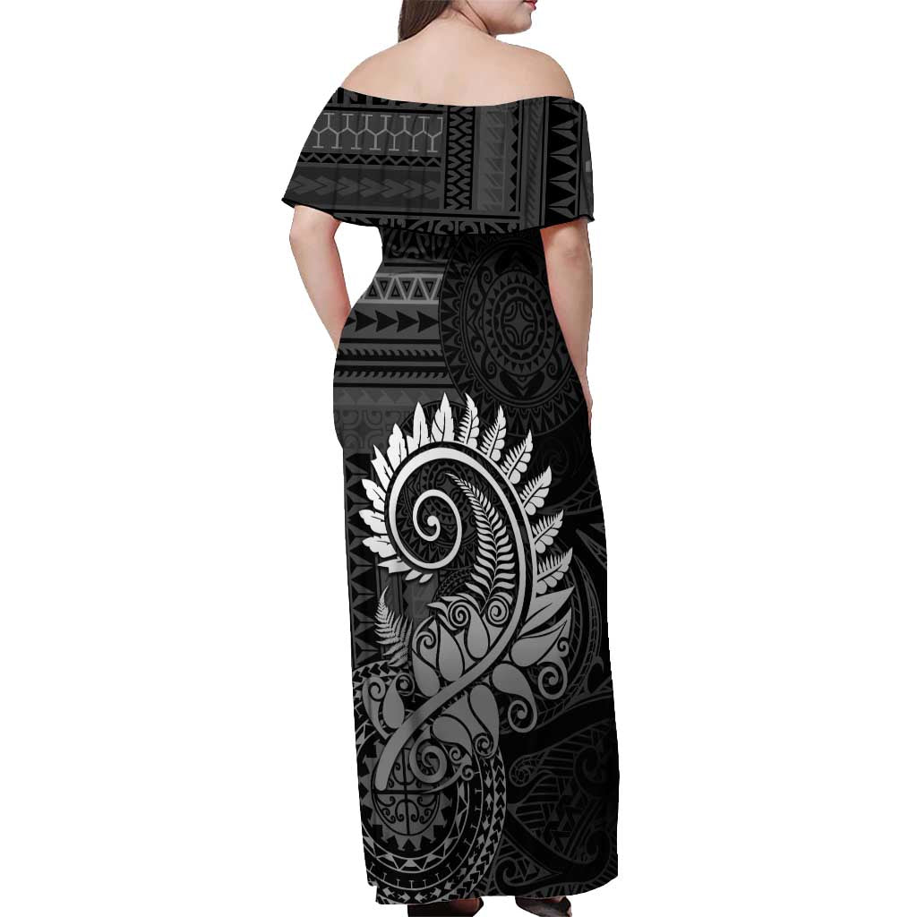 New Zealand Maori Koru Fern Off Shoulder Maxi Dress Spiral Polynesian Style Gray LT05 - Polynesian Pride
