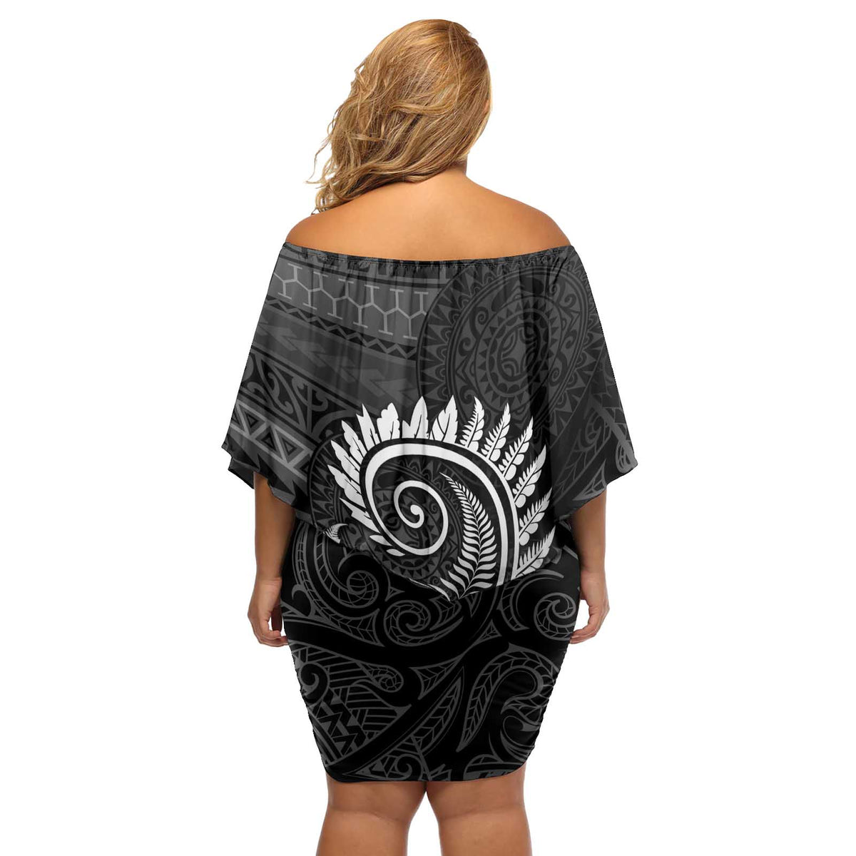 New Zealand Maori Koru Fern Off Shoulder Short Dress Spiral Polynesian Style Gray LT05 - Polynesian Pride