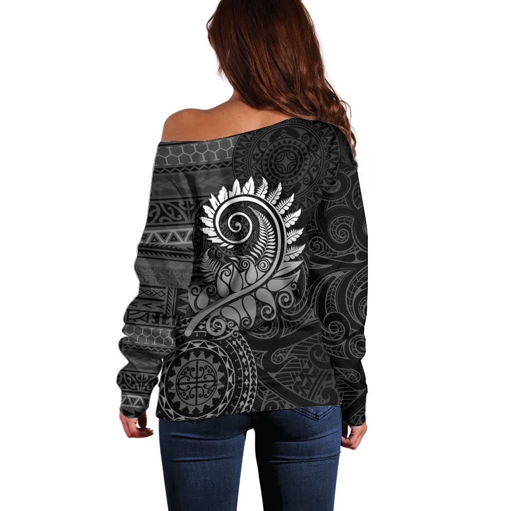 New Zealand Maori Koru Fern Off Shoulder Sweater Spiral Polynesian Style Gray LT05 - Polynesian Pride