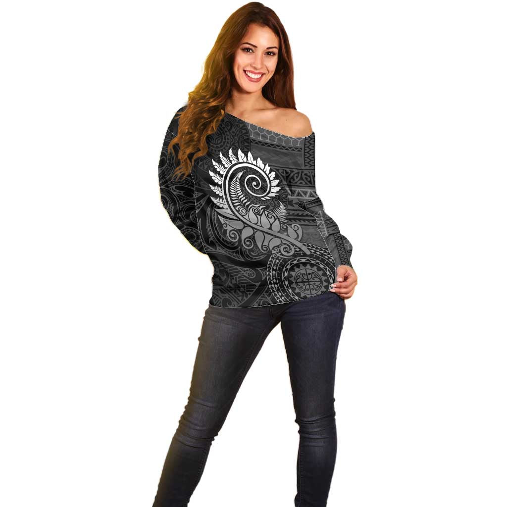 New Zealand Maori Koru Fern Off Shoulder Sweater Spiral Polynesian Style Gray LT05 - Polynesian Pride