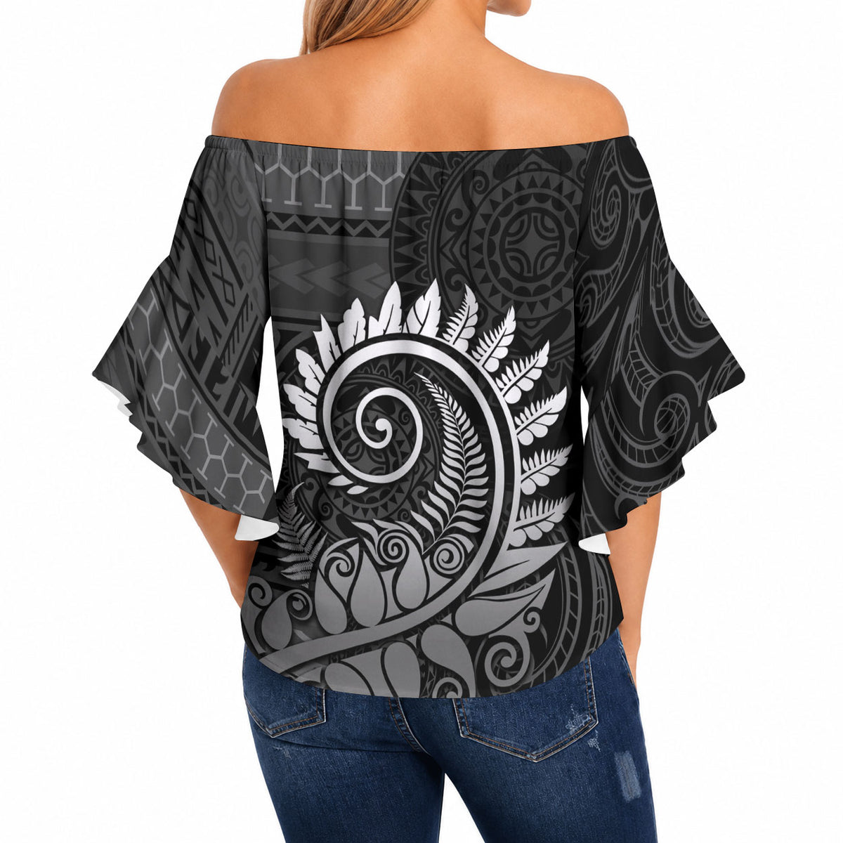 New Zealand Maori Koru Fern Off Shoulder Wrap Waist Top Spiral Polynesian Style Gray LT05 - Polynesian Pride