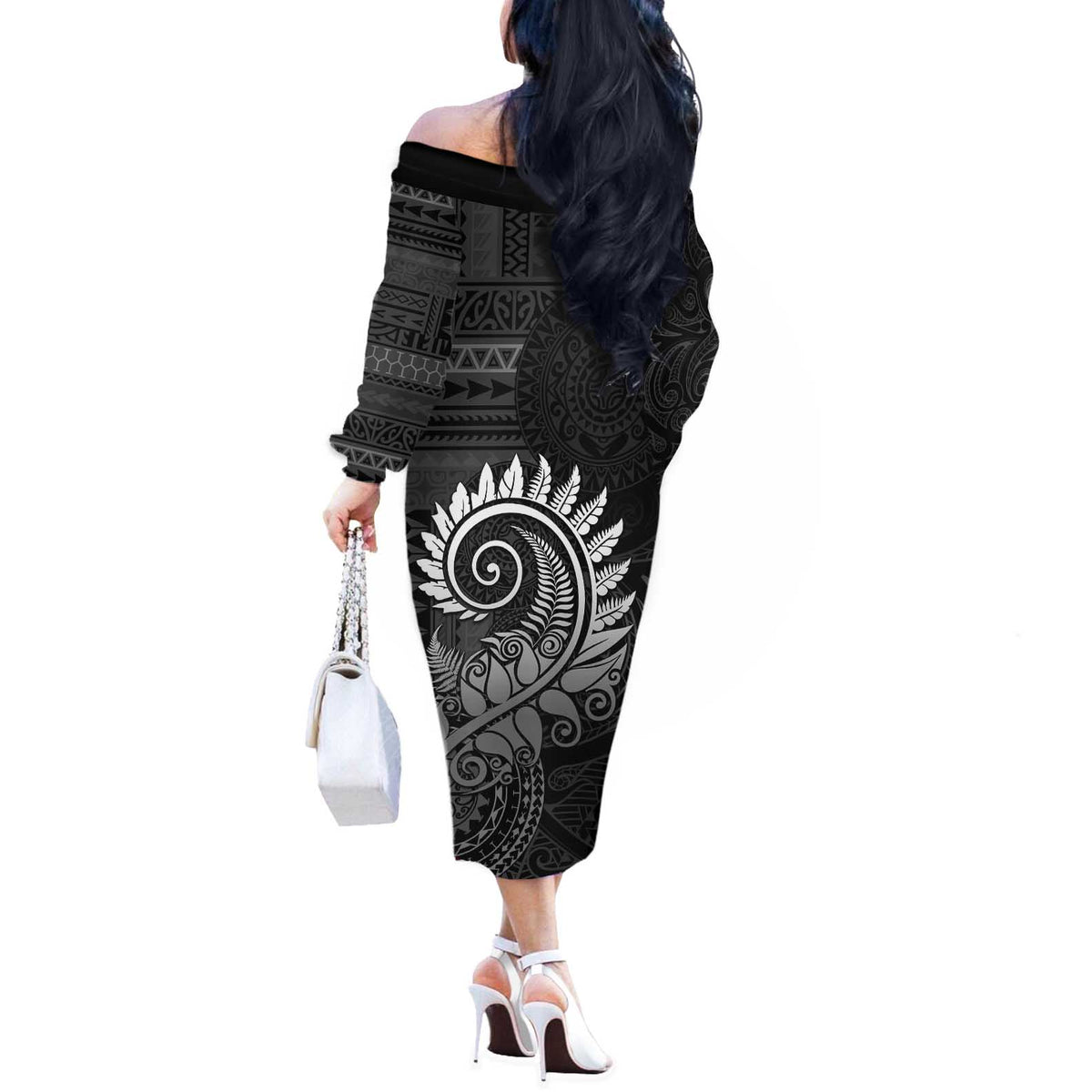 New Zealand Maori Koru Fern Off The Shoulder Long Sleeve Dress Spiral Polynesian Style Gray LT05 - Polynesian Pride