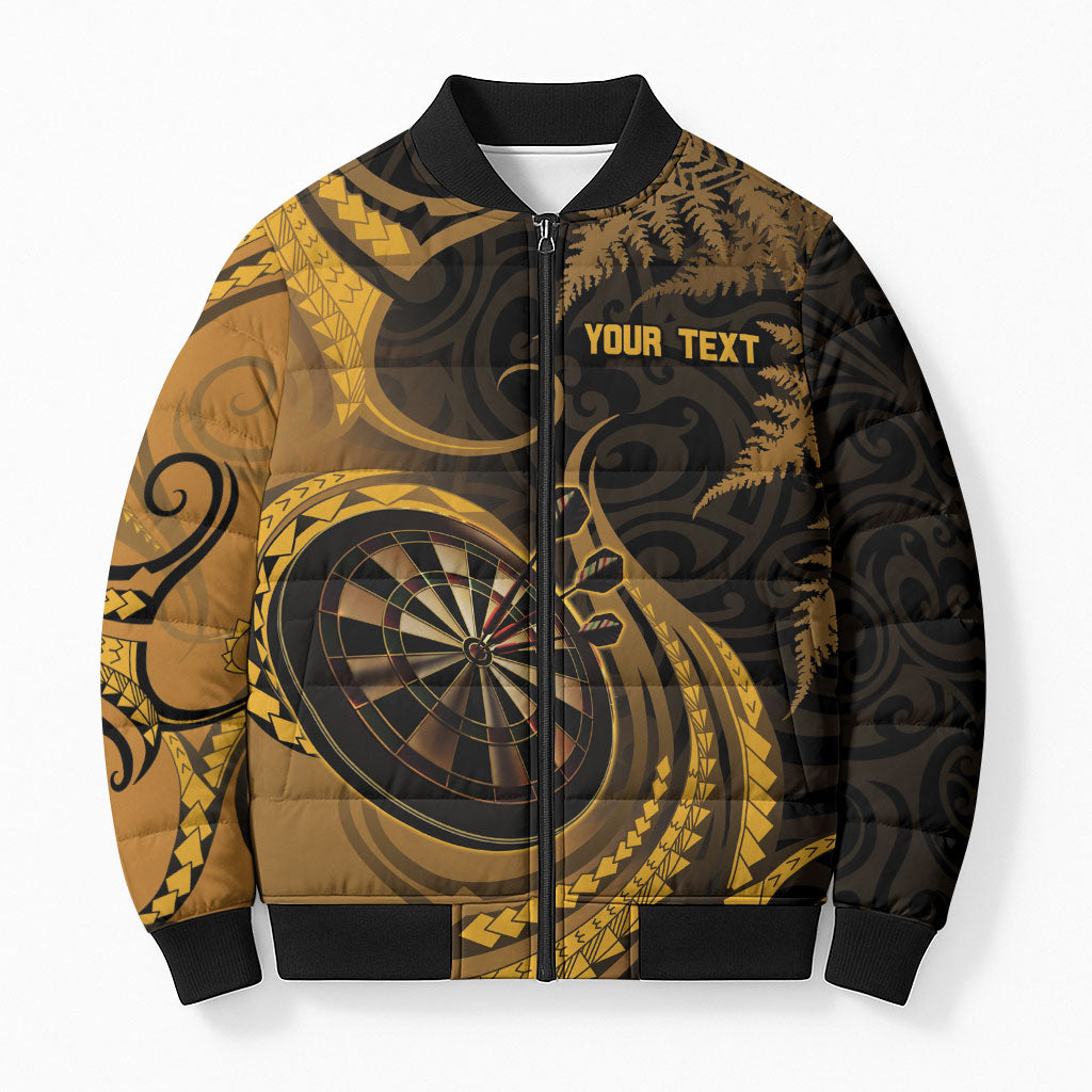 Personalised New Zealand Gold Darts Bomber Puffer Jacket Maori Fern Curve Style