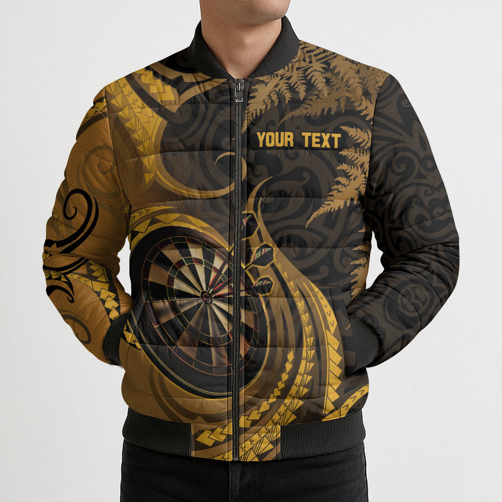 Personalised New Zealand Gold Darts Bomber Puffer Jacket Maori Fern Curve Style