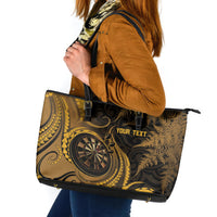 Personalised New Zealand Gold Darts Leather Tote Bag Maori Fern Curve Style