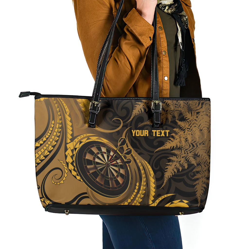 Personalised New Zealand Gold Darts Leather Tote Bag Maori Fern Curve Style