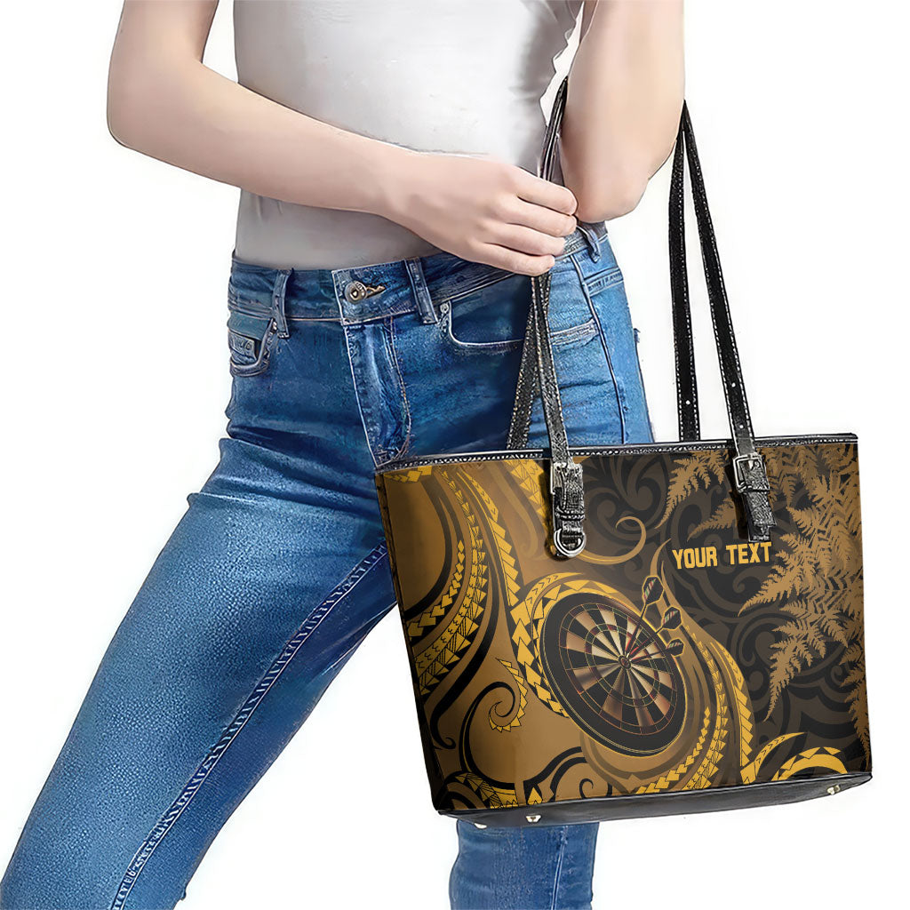 Personalised New Zealand Gold Darts Leather Tote Bag Maori Fern Curve Style