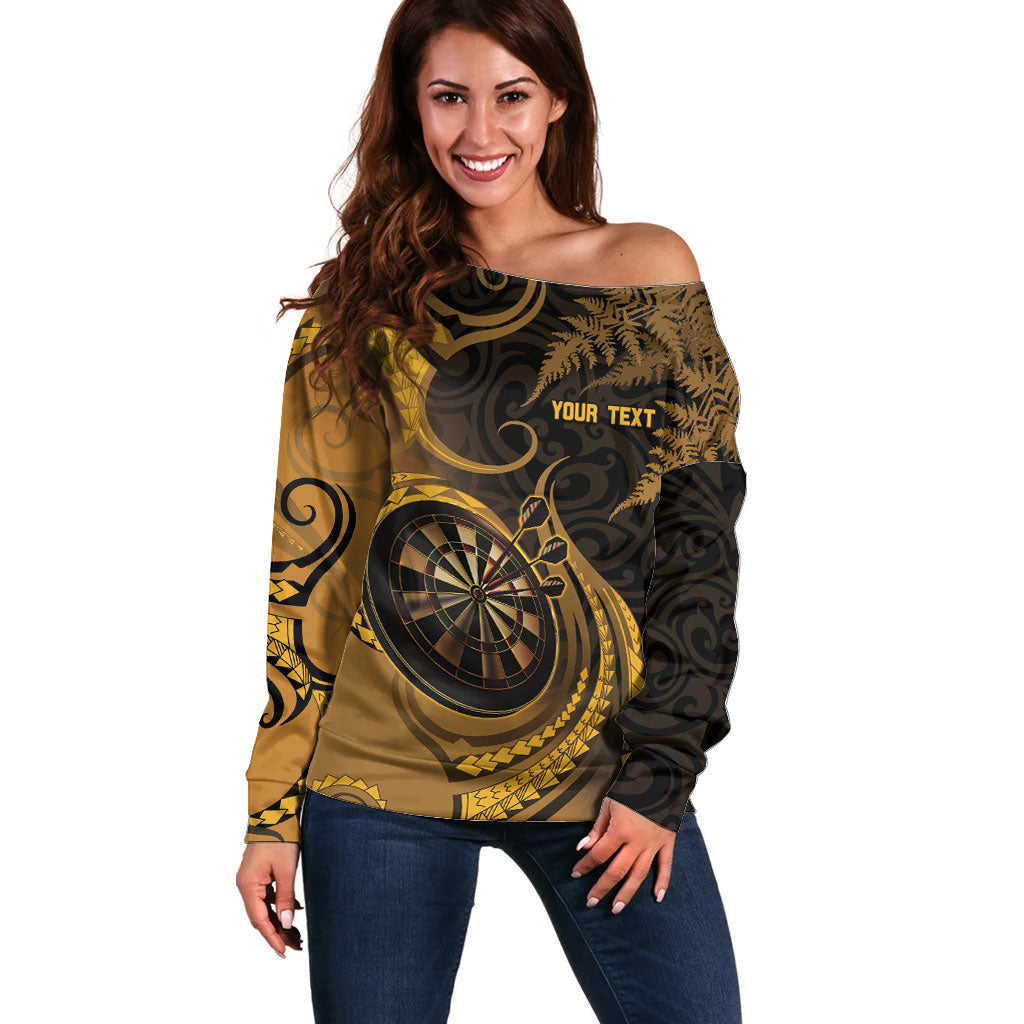 Personalised New Zealand Gold Darts Off Shoulder Sweater Maori Fern Curve Style LT05 Women Gold - Polynesian Pride