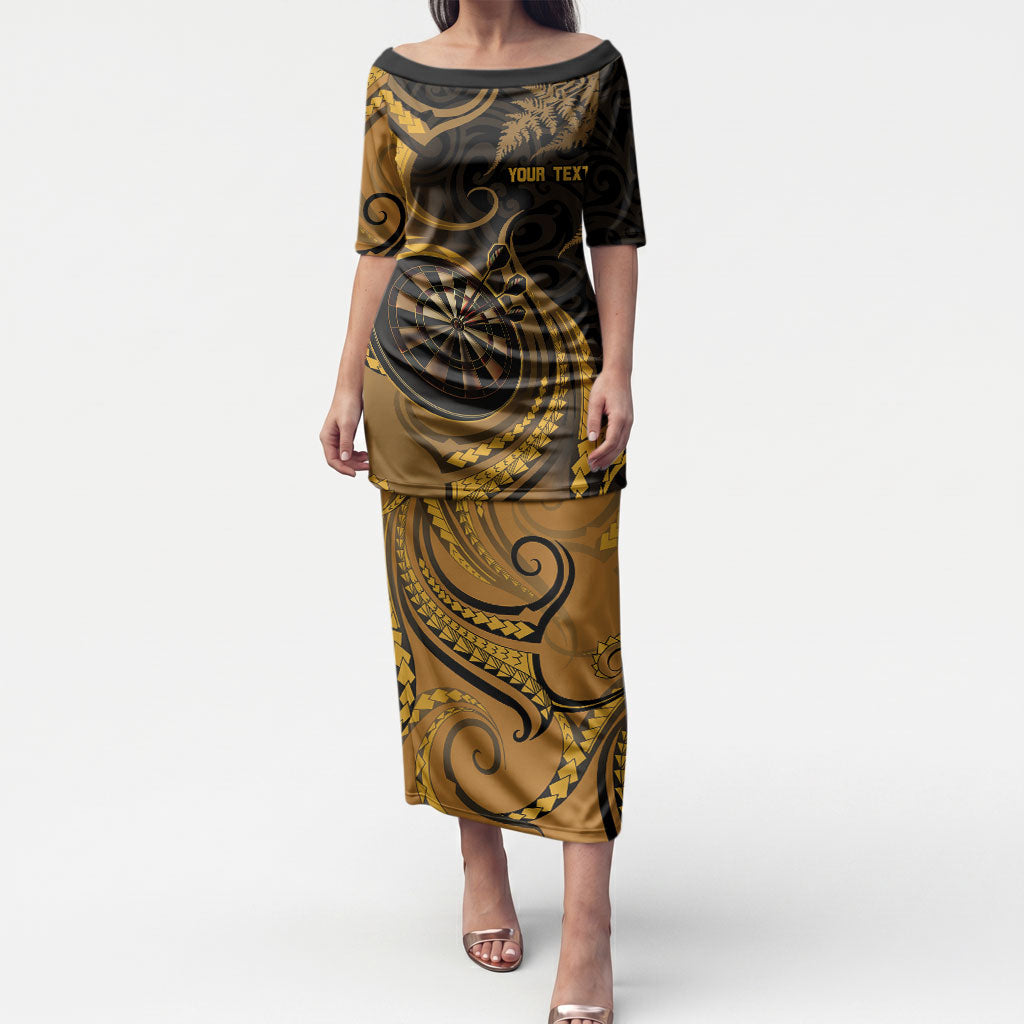 Personalised New Zealand Gold Darts Puletasi Maori Fern Curve Style LT05 Long Dress Gold - Polynesian Pride