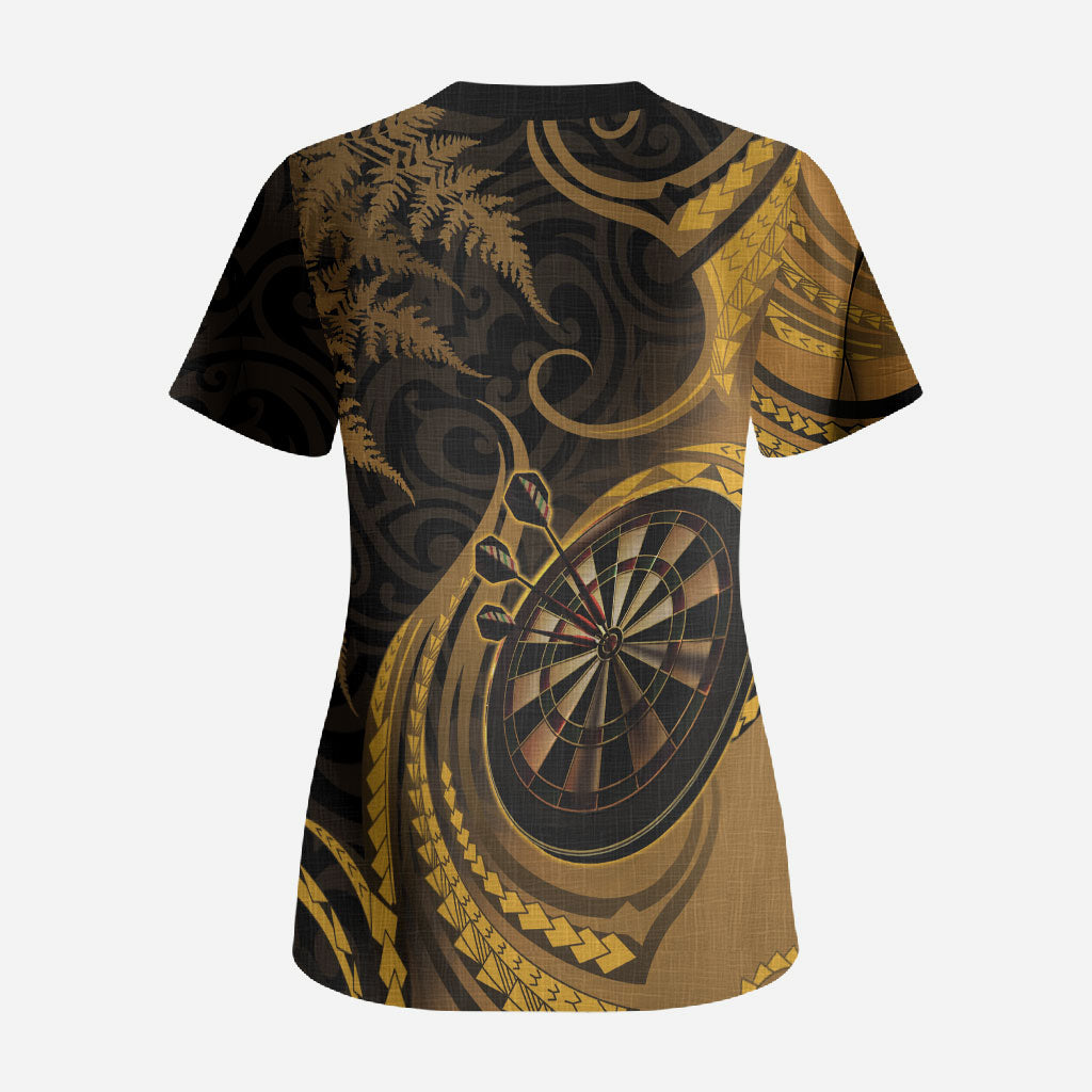 Personalised New Zealand Gold Darts Scrub Top Maori Fern Curve Style