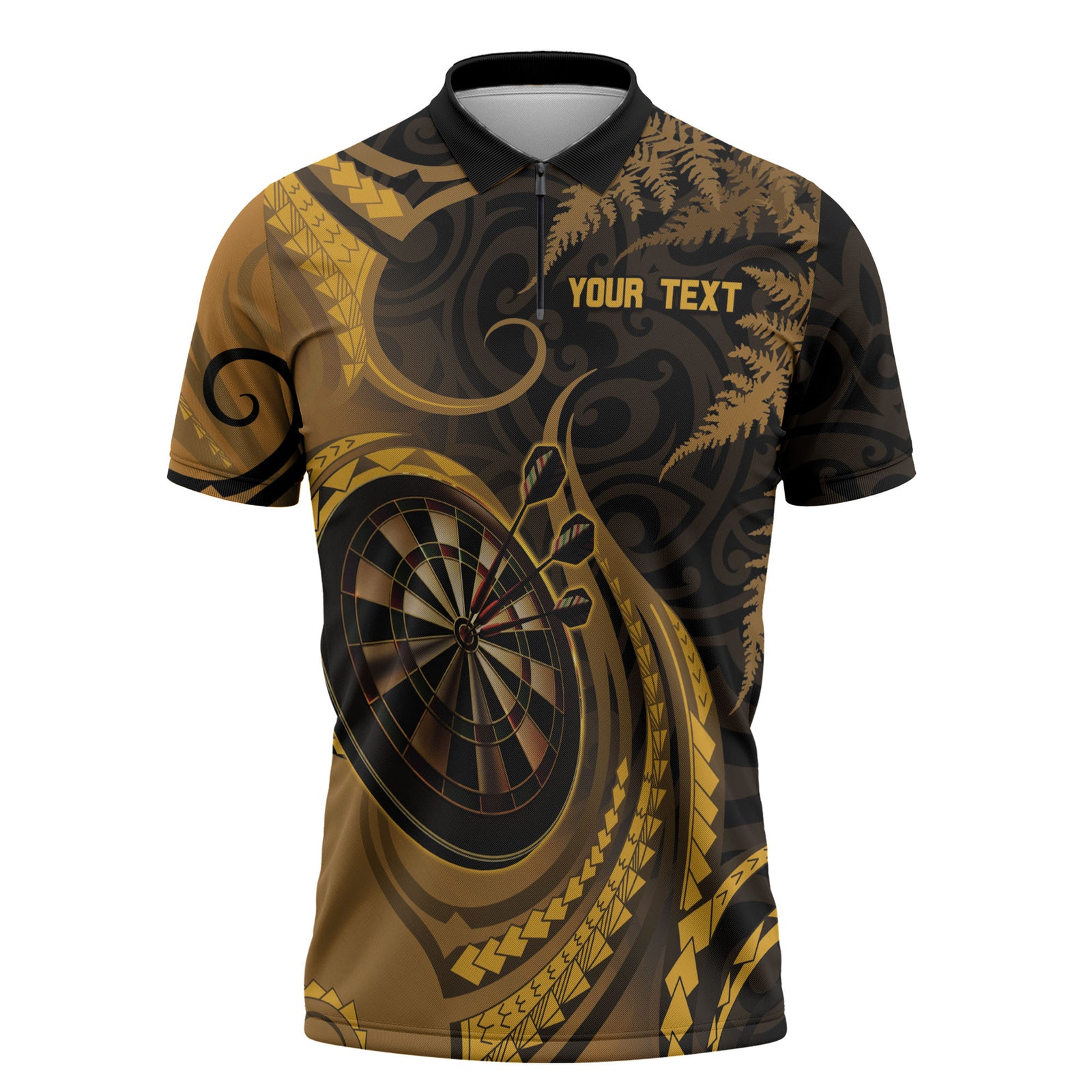 Personalised New Zealand Gold Darts Zipper Polo Shirt Maori Fern Curve Style