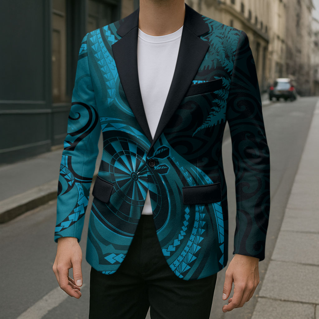 Personalised New Zealand Turquoise Darts Blazer Maori Fern Curve Style