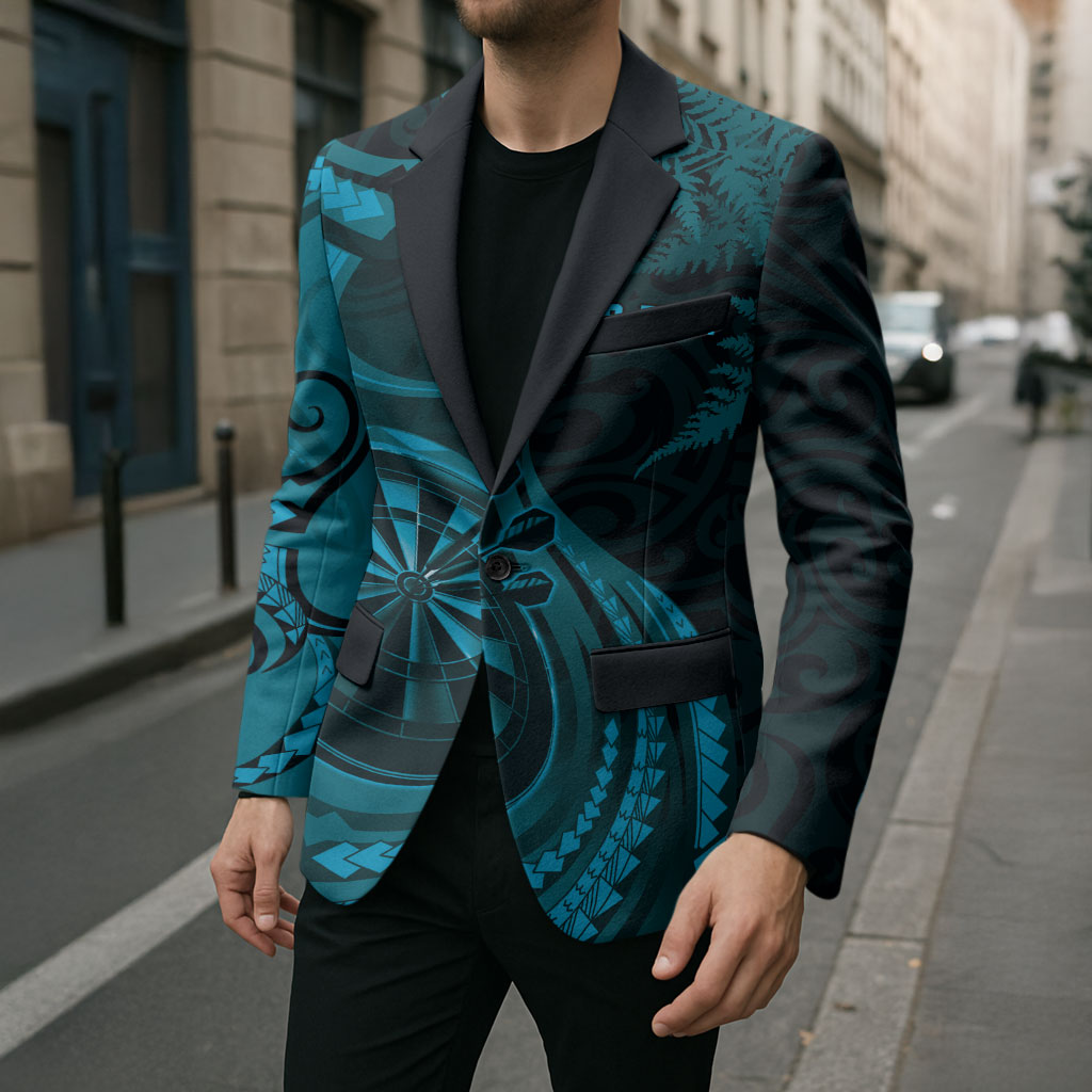 Personalised New Zealand Turquoise Darts Blazer Maori Fern Curve Style