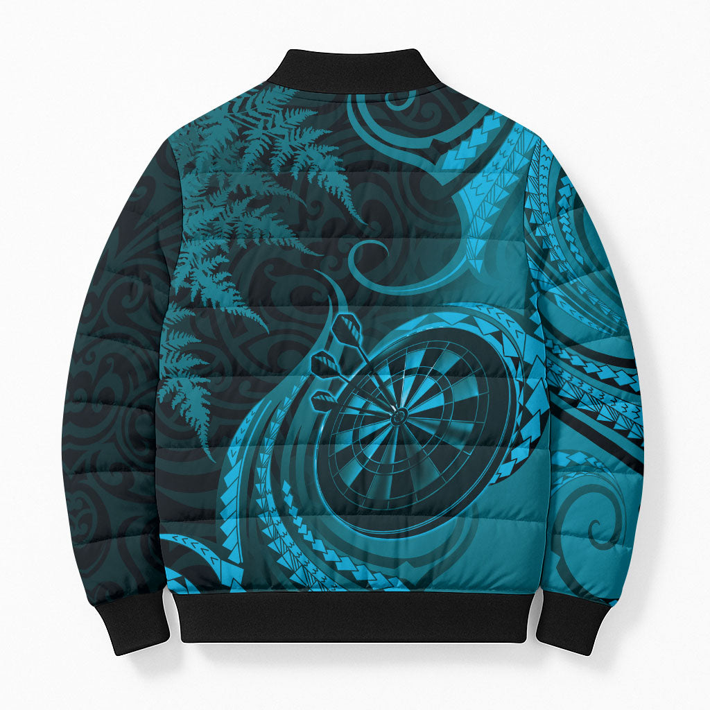 Personalised New Zealand Turquoise Darts Bomber Puffer Jacket Maori Fern Curve Style