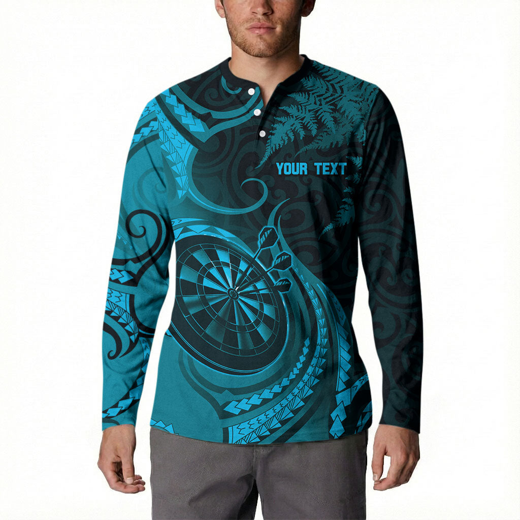 Personalised New Zealand Turquoise Darts Button Sweatshirt Maori Fern Curve Style