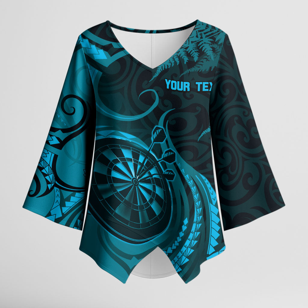 Personalised New Zealand Turquoise Darts Kimono Sleeve Blouse Maori Fern Curve Style