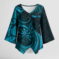 Personalised New Zealand Turquoise Darts Kimono Sleeve Blouse Maori Fern Curve Style