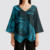 Personalised New Zealand Turquoise Darts Kimono Sleeve Blouse Maori Fern Curve Style