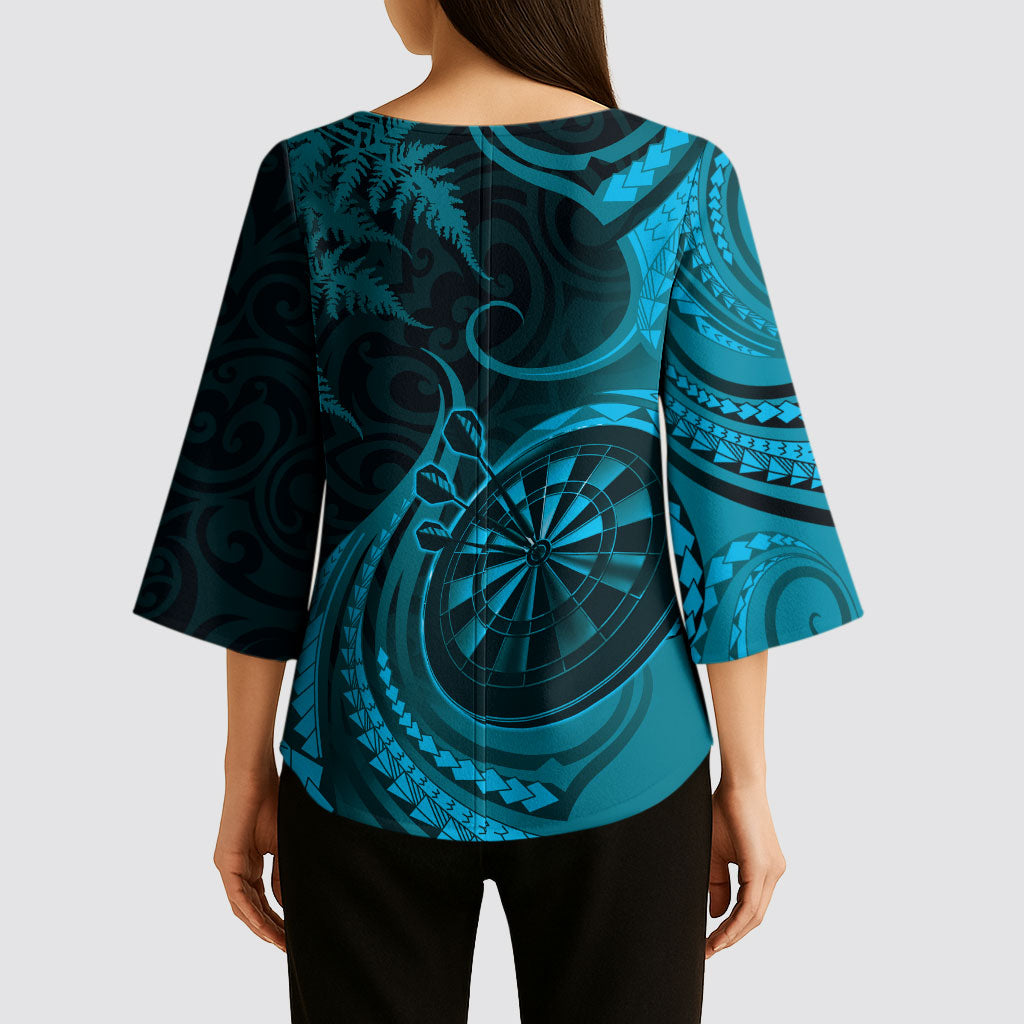 Personalised New Zealand Turquoise Darts Kimono Sleeve Blouse Maori Fern Curve Style