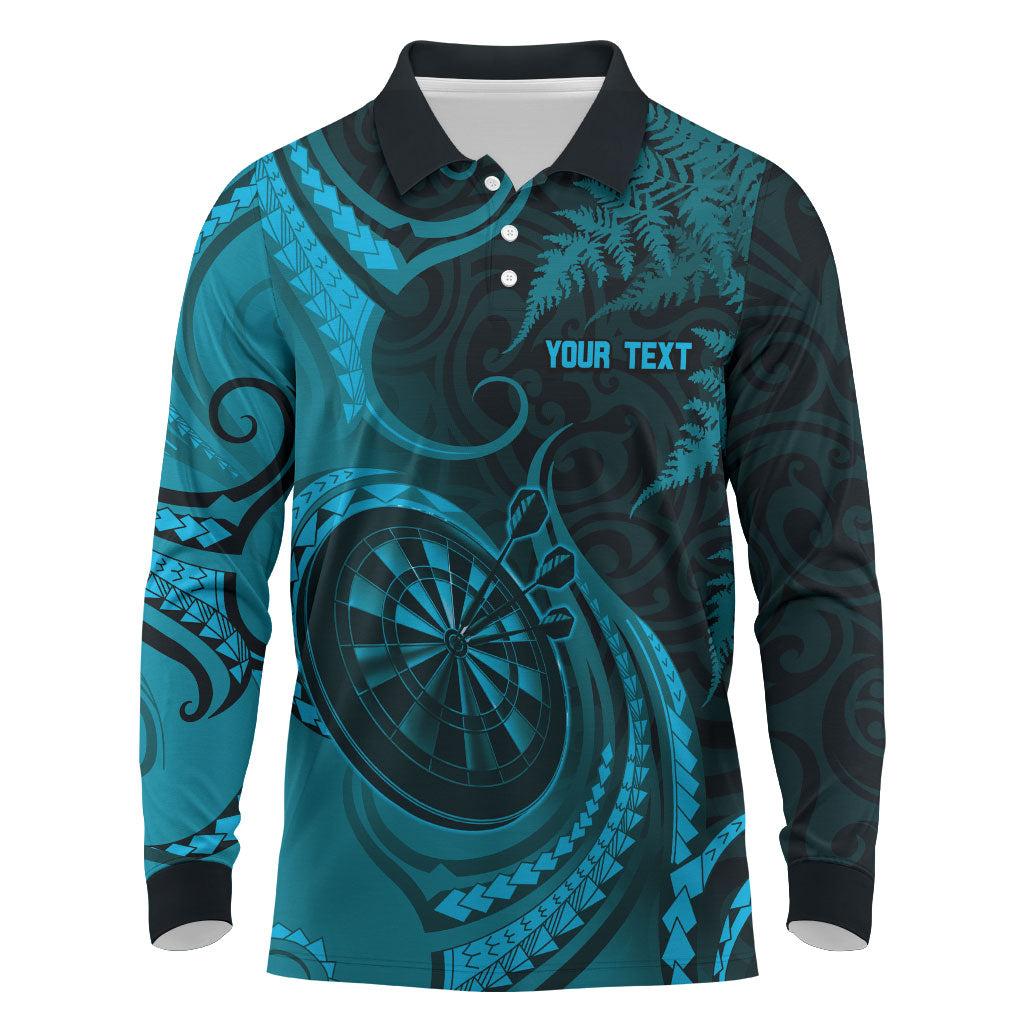 Personalised New Zealand Turquoise Darts Long Sleeve Polo Shirt Maori Fern Curve Style