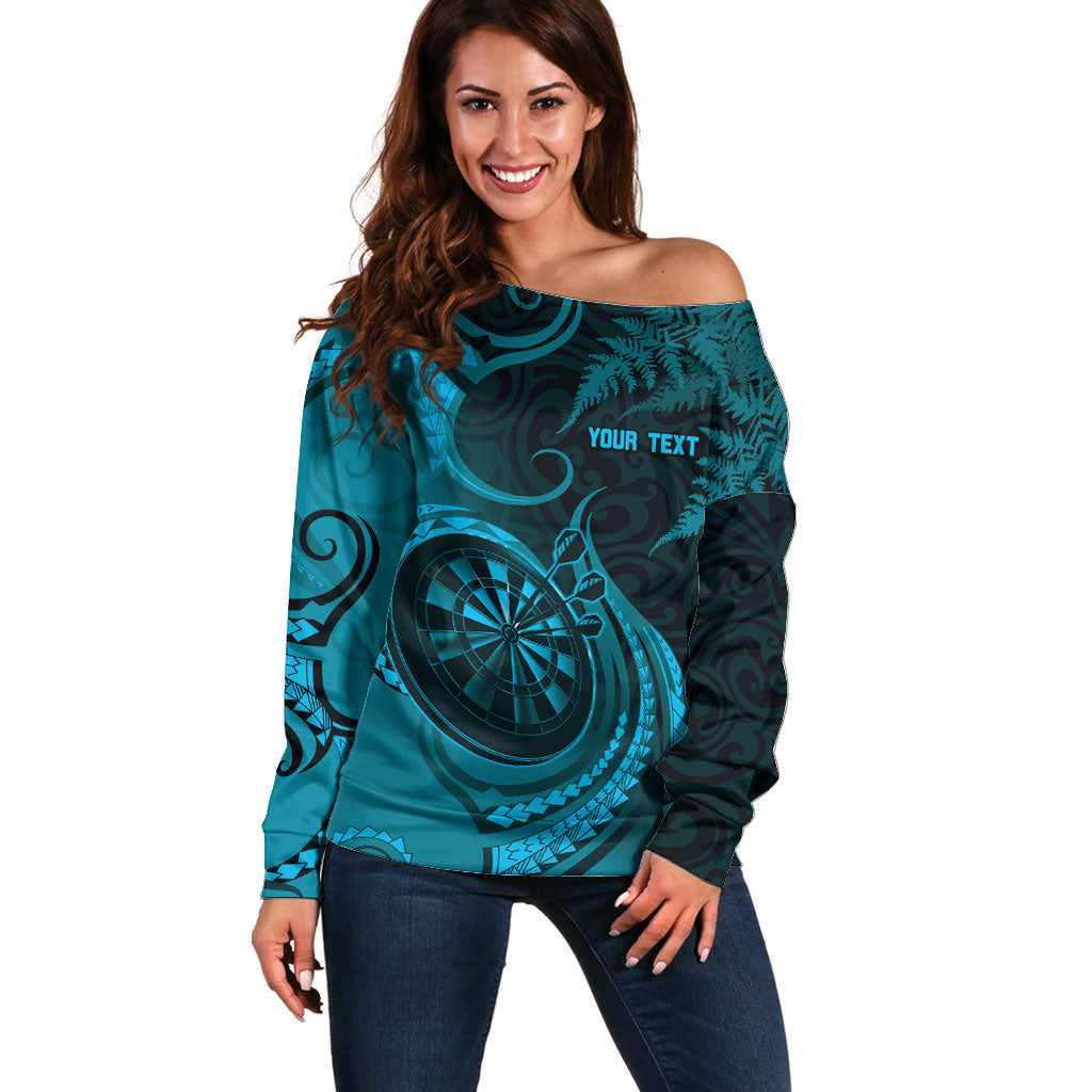 Personalised New Zealand Turquoise Darts Off Shoulder Sweater Maori Fern Curve Style LT05 Women Turquoise - Polynesian Pride