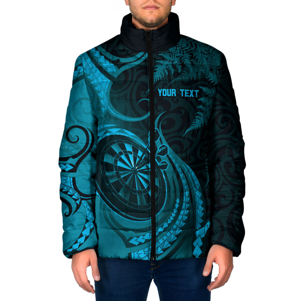 Personalised New Zealand Turquoise Darts Padded Jacket Maori Fern Curve Style