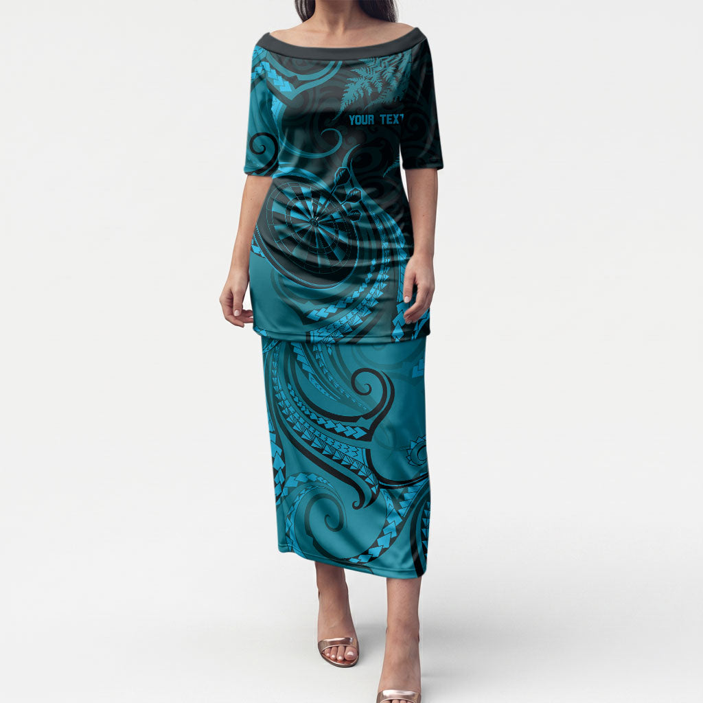 Personalised New Zealand Turquoise Darts Puletasi Maori Fern Curve Style LT05 Long Dress Turquoise - Polynesian Pride