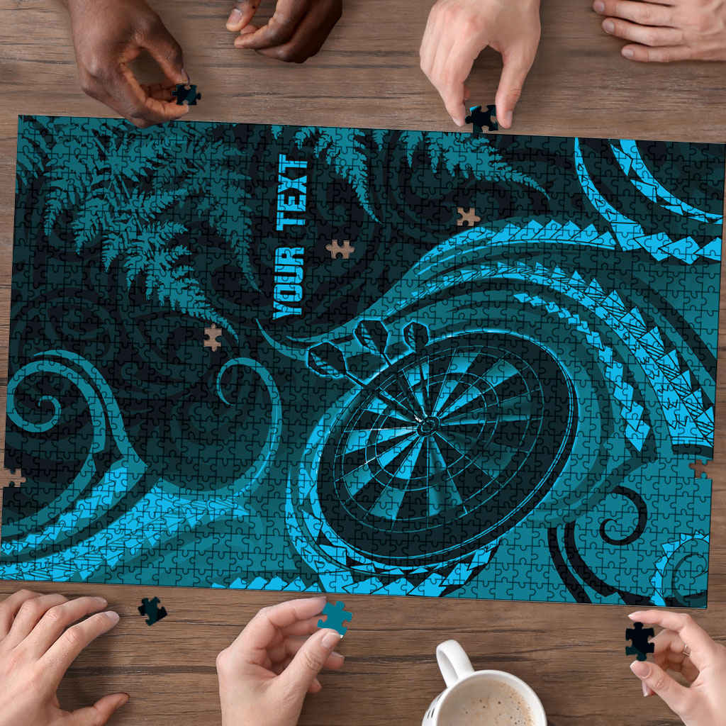 Personalised New Zealand Turquoise Darts Puzzle Maori Fern Curve Style