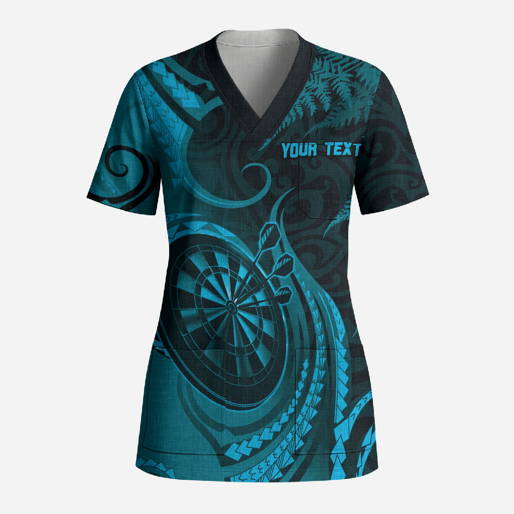 Personalised New Zealand Turquoise Darts Scrub Top Maori Fern Curve Style