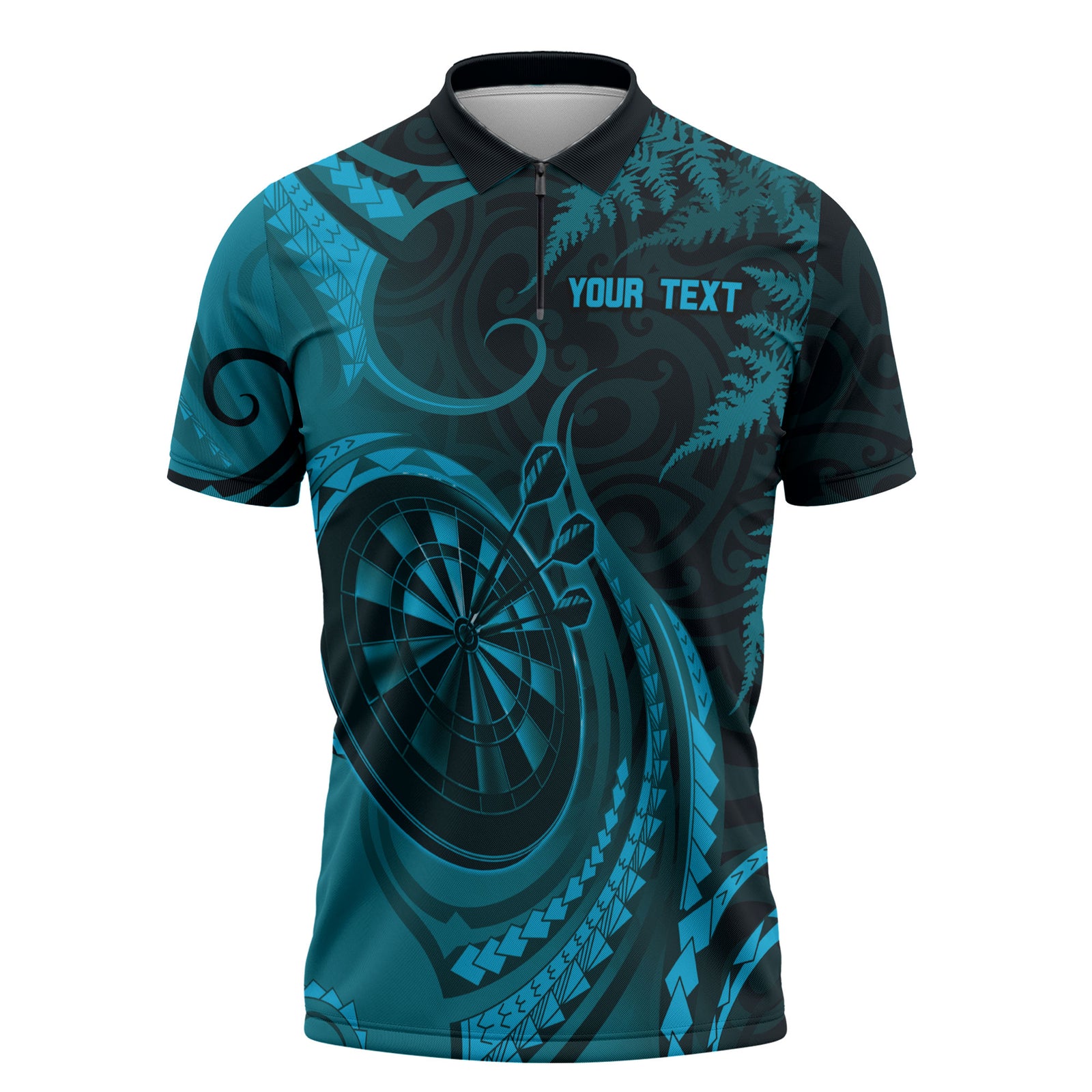 Personalised New Zealand Turquoise Darts Zipper Polo Shirt Maori Fern Curve Style