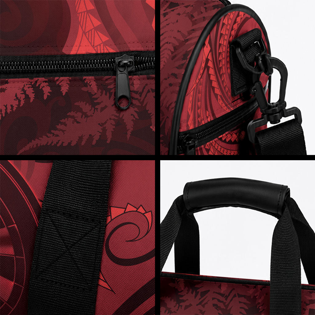 Personalised New Zealand Red Darts Duffle Bag Maori Fern Curve Style