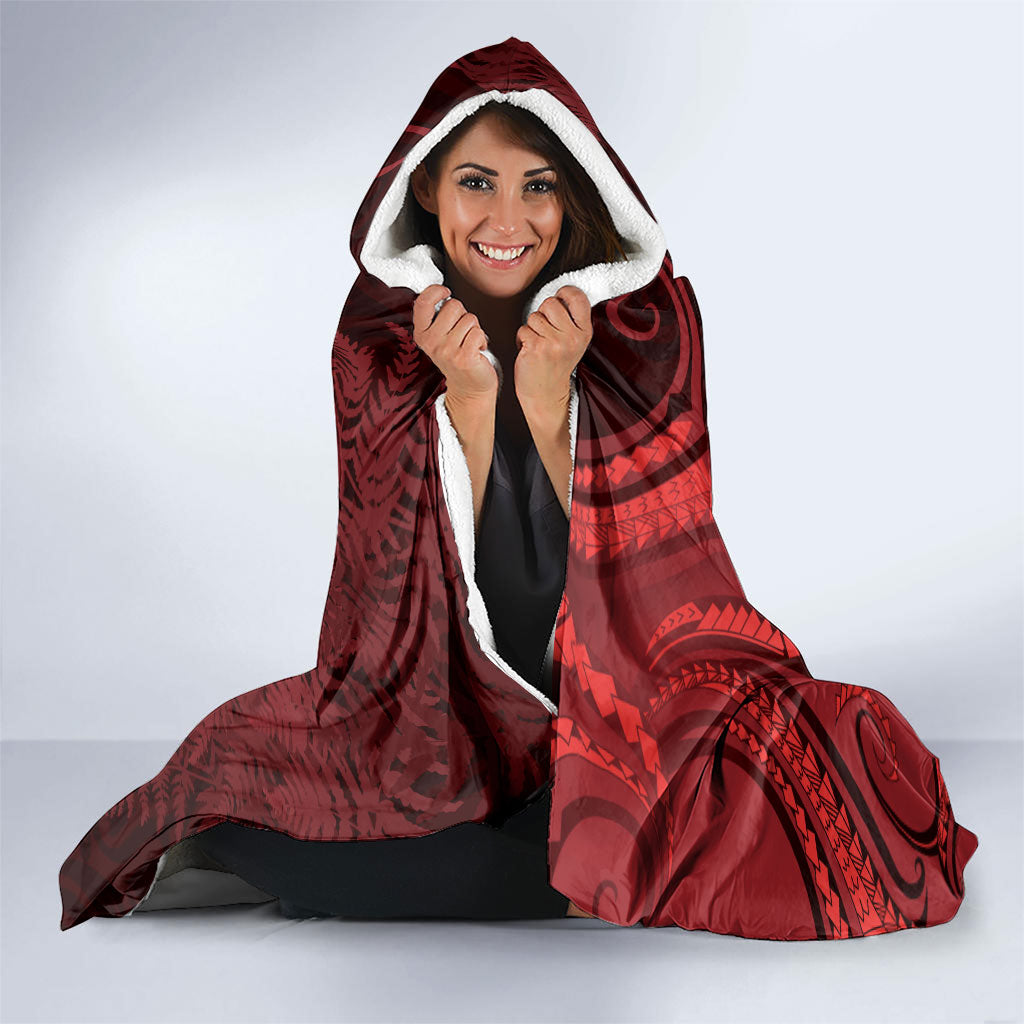 Personalised New Zealand Red Darts Hooded Blanket Maori Fern Curve Style